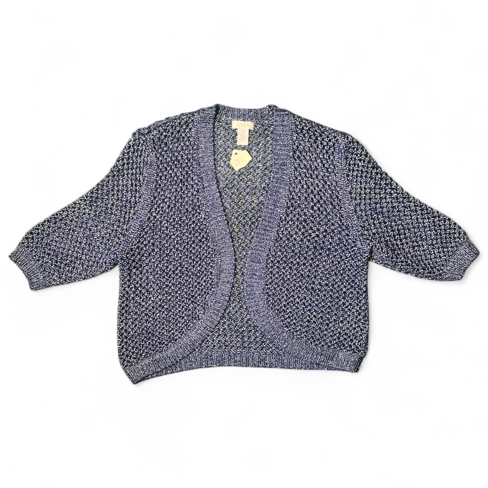 Chicos Blue Knit Open Front 3/4 Sleeve Cropped Cardigan Sweater Women's Size 1